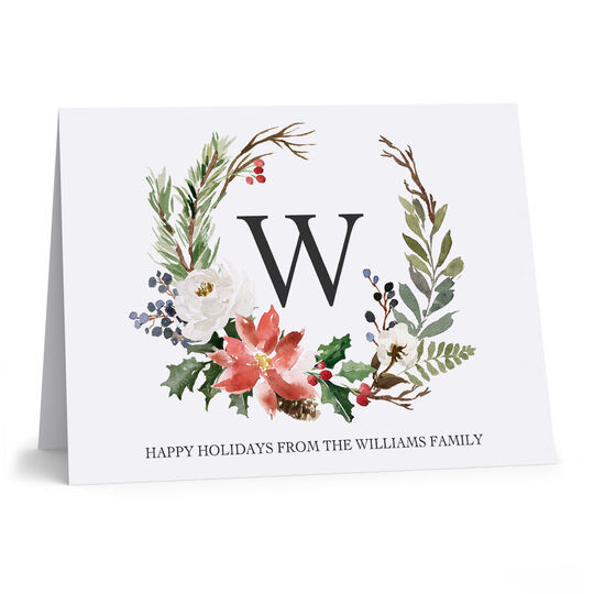 White Holiday Floral Spray Folded Holiday Cards